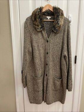J. Jill Heathered Taupe Long Knit Cardigan with Removable Faux Fur Collar